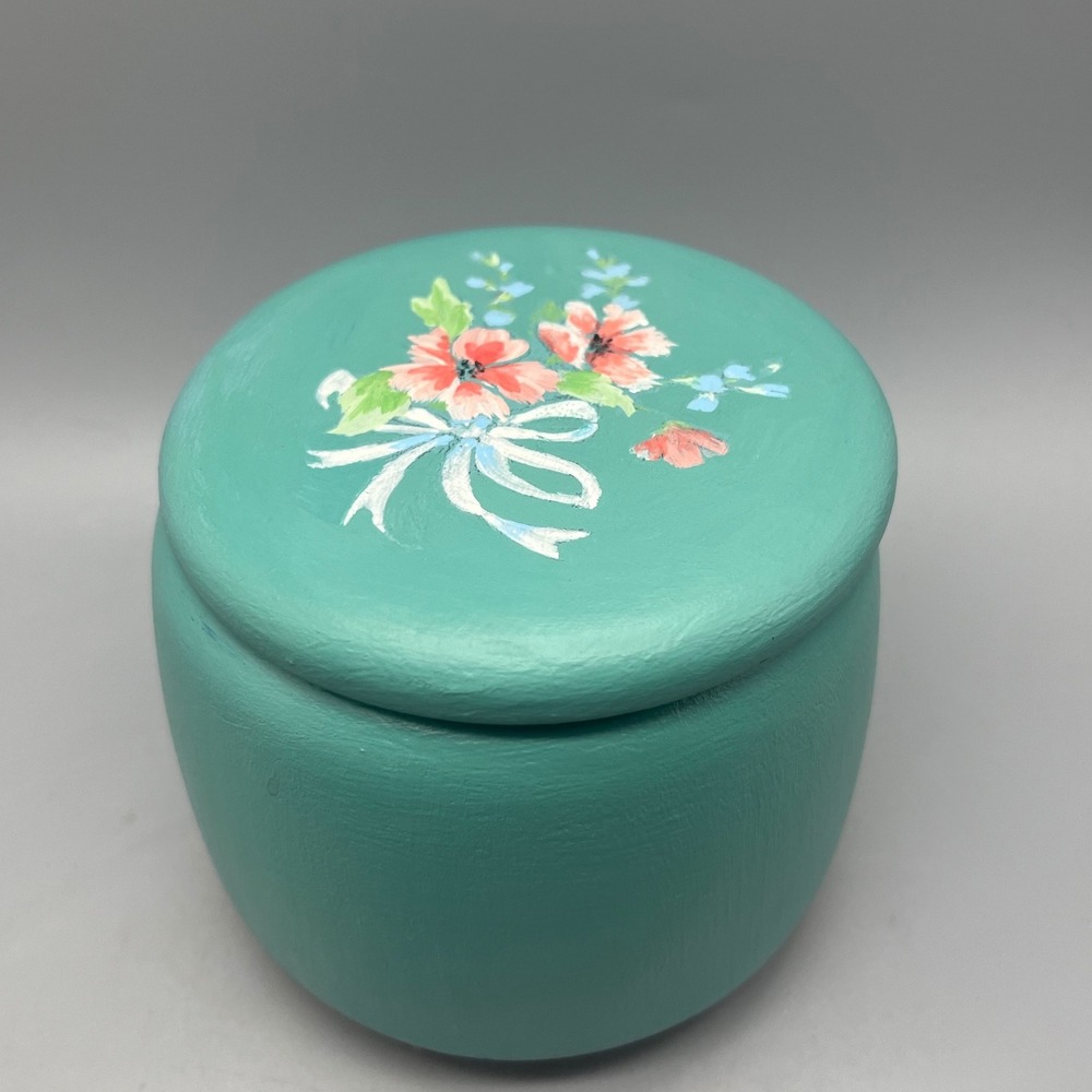 Vintage Handpainted Blue Wood Music Box Powder Pin Holder Vanity‎ Dresser  Works